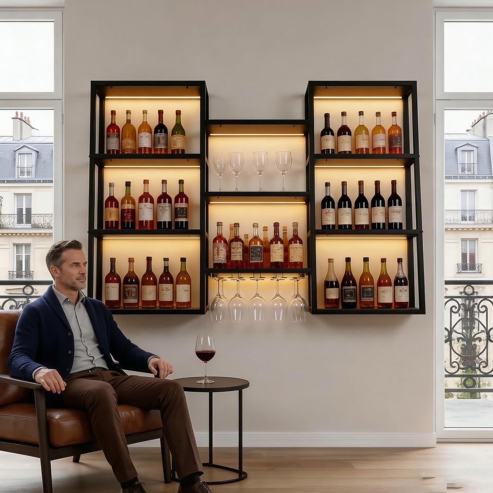 180cmYDEHUEAD Botellero de Pared con Luces LED, Estante de Vino Montado de Hierro Forjado, Expositor Flotante Multifuncional de 4 Niveles para Barra y Casa, 120/150/180cm (180cm)