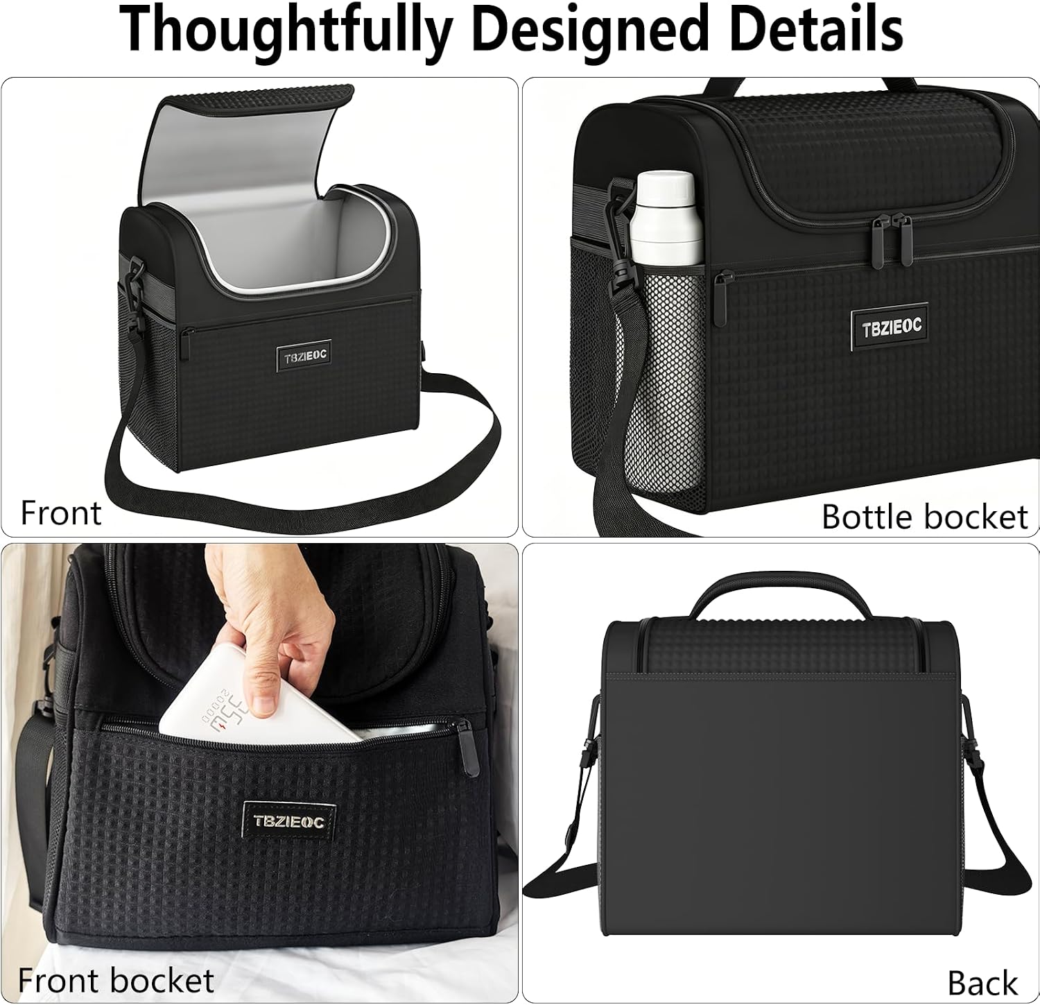 Large Insulated Lunch Bag for Women & Men, 12.9L Reusable Lunch Cooler Tote with Ice Pack, Adult Lunch Box with Side Mesh Pocket, Portable Lunch Bag for Work, Office, Travel & Picnic, Black