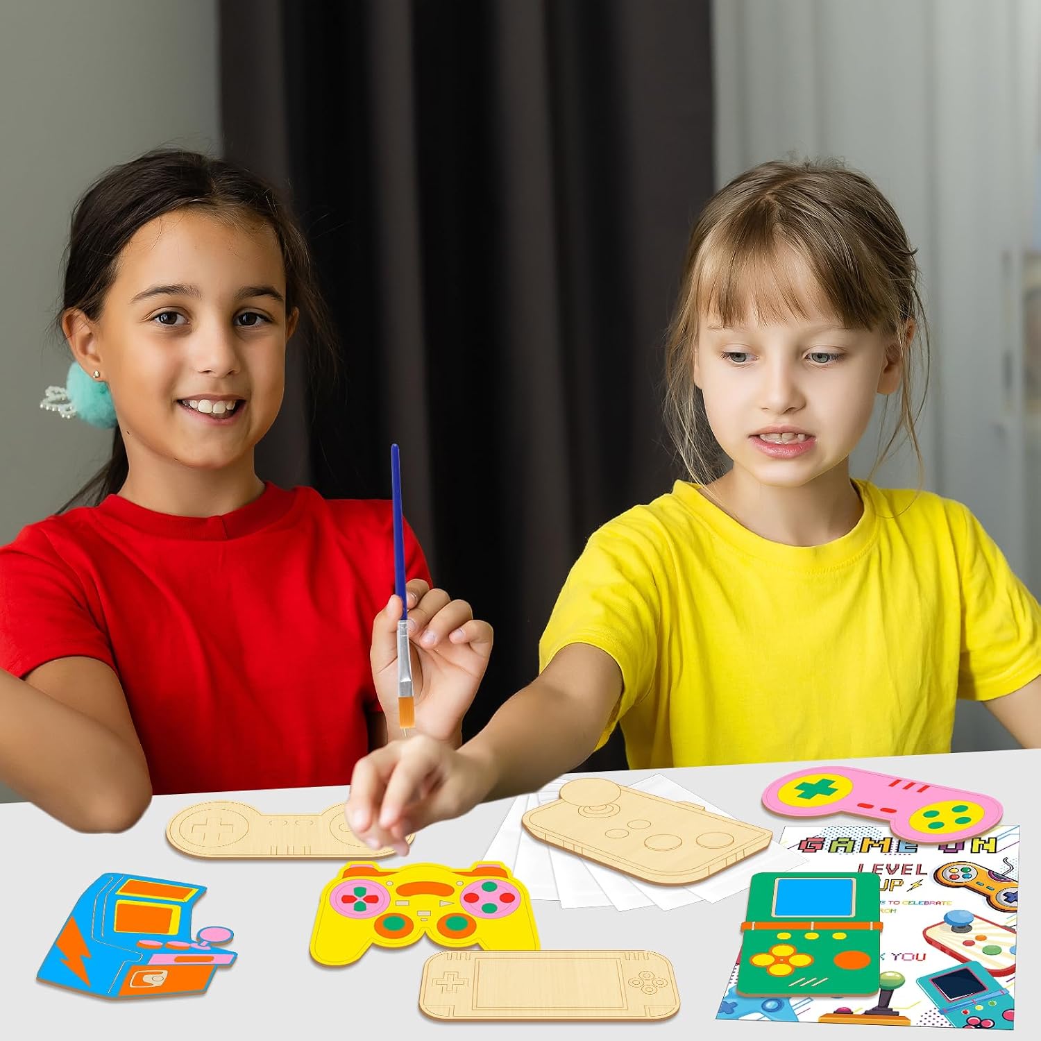 Bornerwhite 24 Pcs Video Game Party Favors Video Game Clssroom Craft Kits Gamer Wooden Painting Set Party Supplies for Kids Boys Girls Birthday Gifts Prizes Gaming Party Favors Decor Decoration