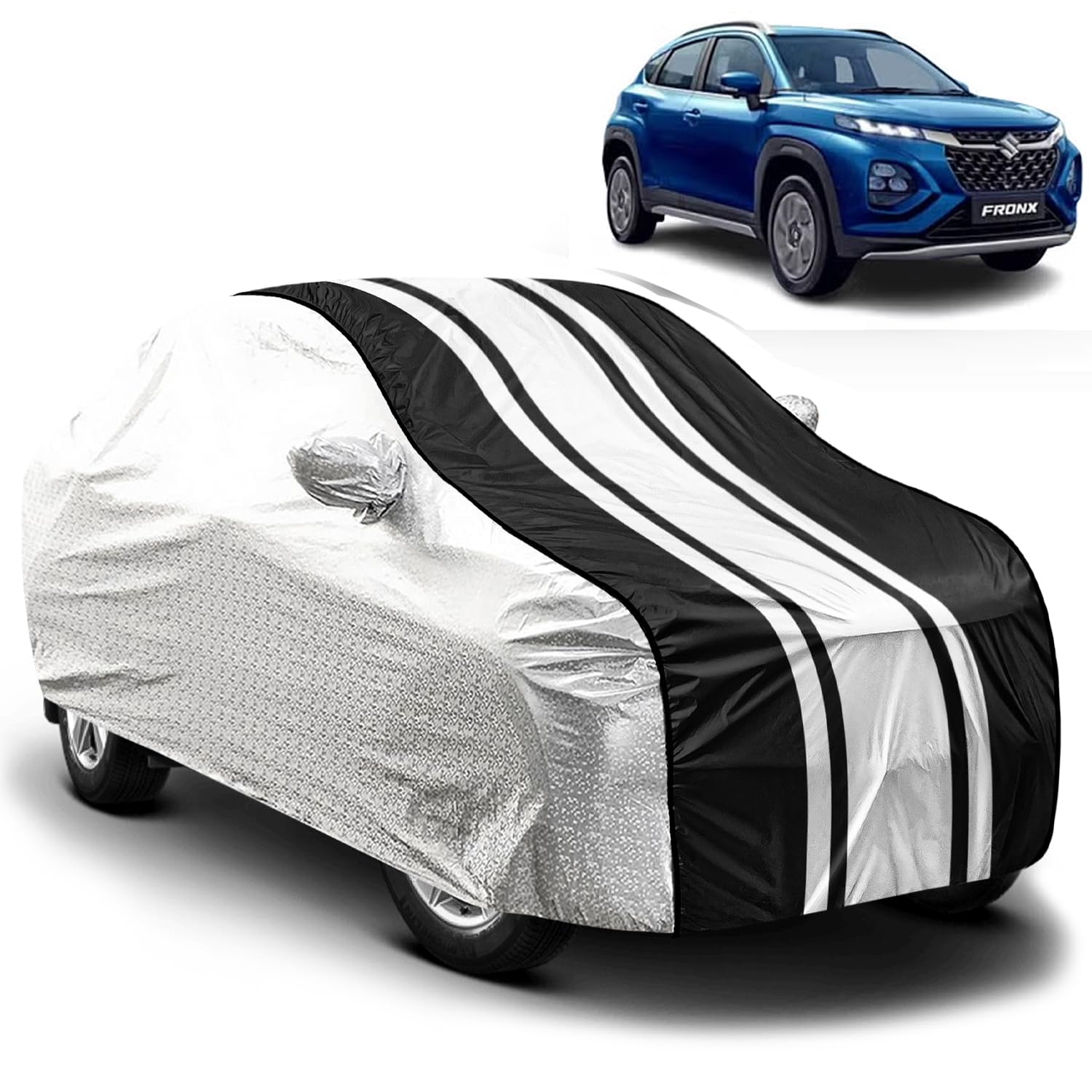 FABTEC Car Body Cover for Maruti Fronx Waterproof UV & Rain Protection Metallic Silver with Black Stripes Car Cover with Mirror Pocket Bottom Elastic Full Size Car Cover