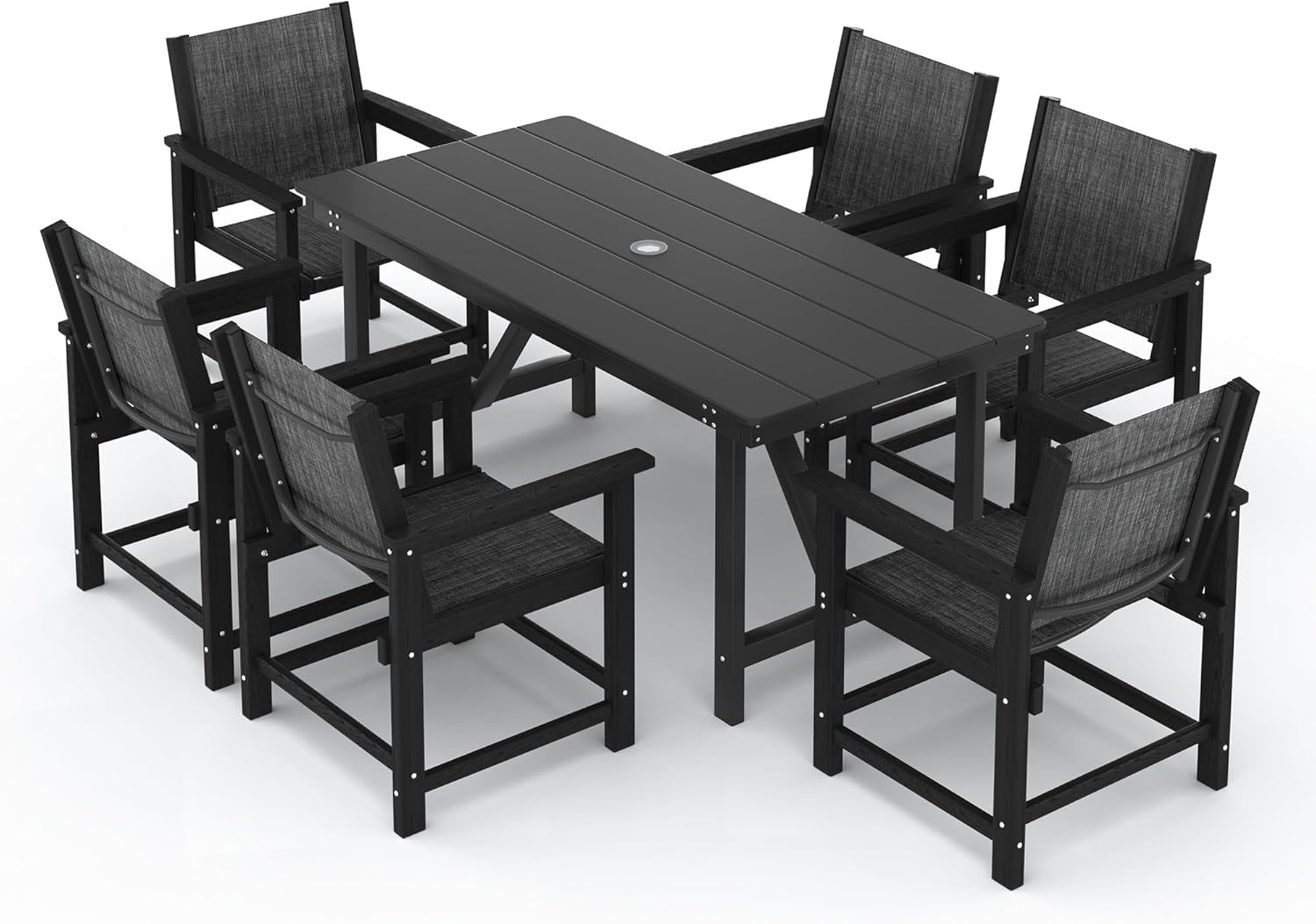 7 Piece HDPE Patio Dining Set, All-Weather Outdoor Table and Chair Sets with Umbrella Hole Outdoor Dining Table Sets of 6 Textilene Fabric Patio Chairs for Backyard, Poolside, Garden, Deck(Black)