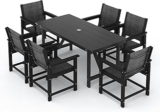 Amopatio Outdoor Dining Sets - 7 Piece Dining Table Set with Chairs,Hdpe Patio Table and Chairs Set with Umbrella Hole,All-Weather Heavy Duty Outdoor Furniture - for Poolside,Backyard, Garden,Black