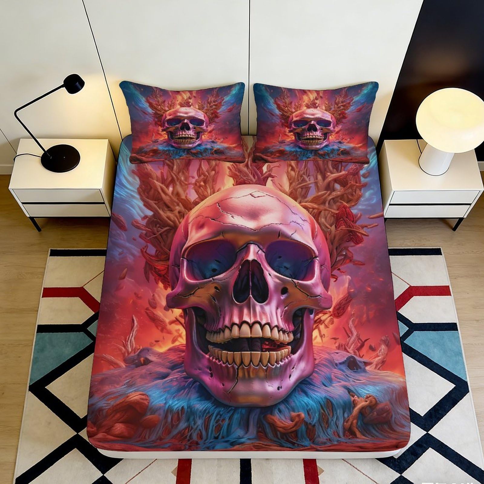 3D Printed Flaming Skull Fitted Sheet Microfiber Soft Breathable Gothic Art Bed Cover for Bedroom Dorm Decor 90x200x25cm