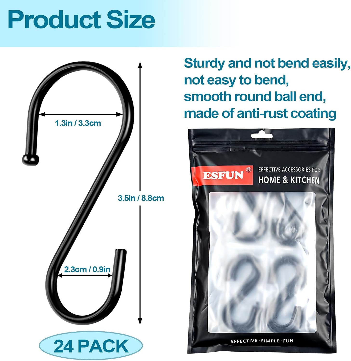 24 Pack S Hooks, 3.5 Inch Heavy Duty S Hooks for Hanging Plant, Large Closet Rod Hooks for Jeans Bags, Black Metal S Shaped Hook for Plant Basket, Pots Pans Wire Shelf Rack, Utensils, Towels - Image 3