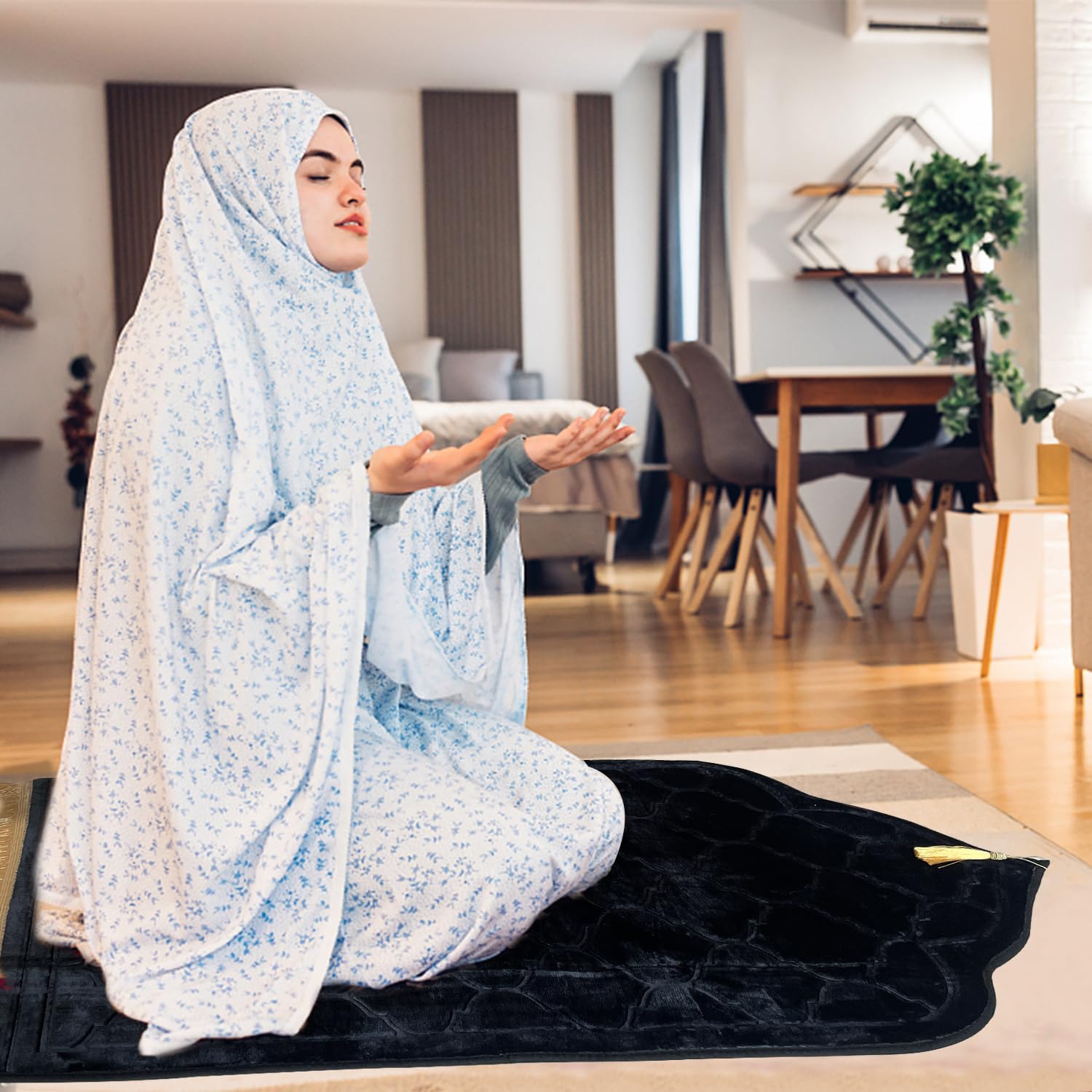 YumSur Prayer Mat Muslim Prayer Rugs Soft Flannel Islamic Prayer Mat Turkish Praying Carpet Large Size Area Rugs Ottoman Blankets Ramadan Gift for Men Women (Black) - Image 2