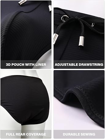 Casey Kevin Mens Swim Briefs Solid Striped Texture Bikini Drawstring Trunks