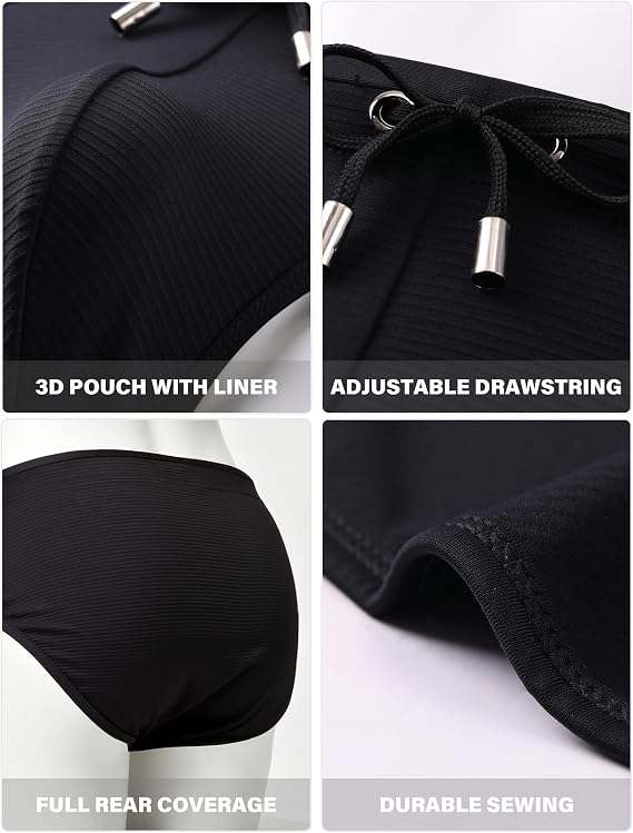 Casey Kevin Mens Swim Briefs Solid Striped Texture Bikini Drawstring Trunks