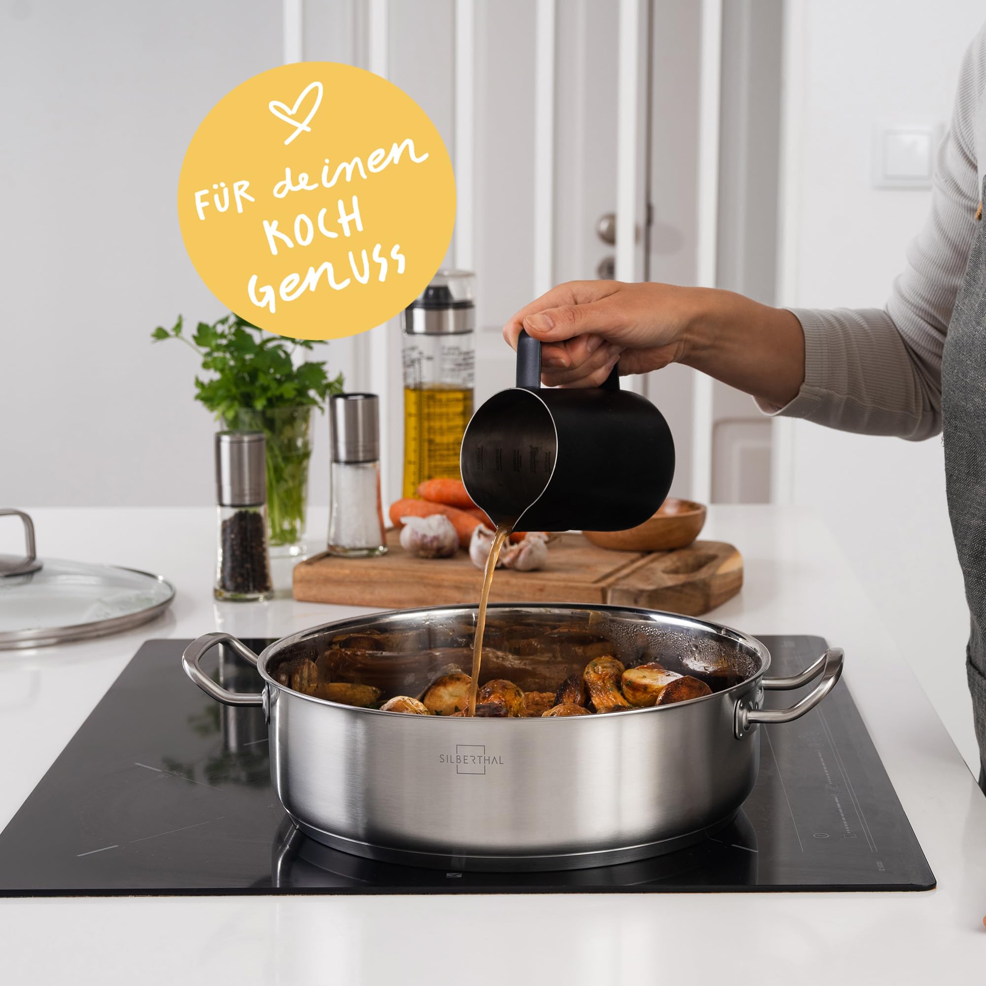 SILBERTHAL Schmorpfanne Unbeschichtet 28 cm hoher Rand | Servierpfanne mit Deckel - Backofengeeignet bis zu 400° - Induktionsgeeignet - 5l