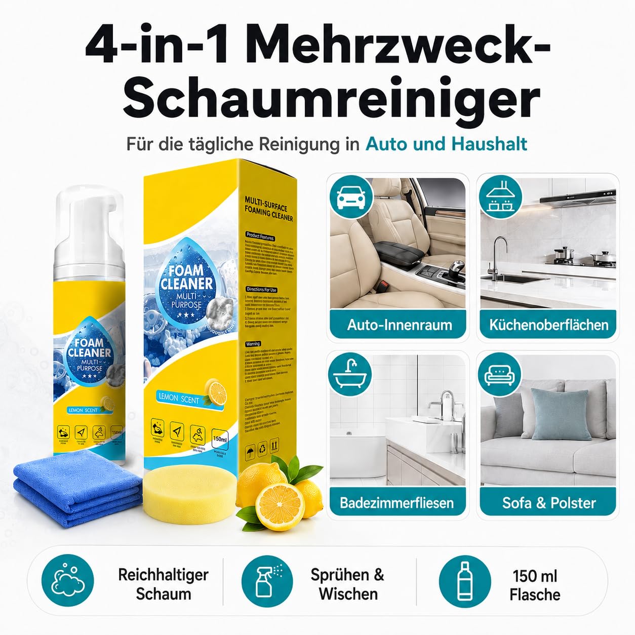4-in-1 Mehrzweck-Schaumreiniger Spray, 150 ml / 5 fl oz, Reinigungsschaum zum Sprühen und Abwischen für Autoinnenraum, Küchenoberflächen, Badezimmerfliesen und Polster (2)