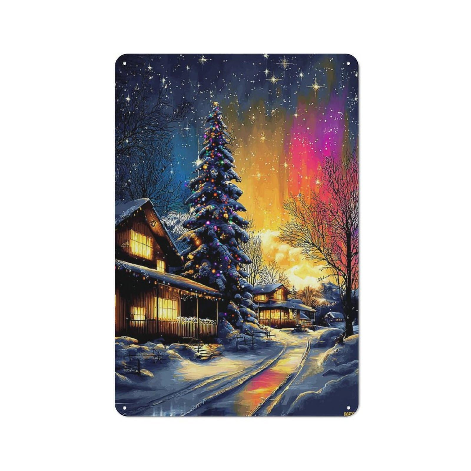 Junmoney Christmas Night In The Mountains Tin Wall Plaque 30X20cm With For Home Office Or Studio, For Home Office Decor Fans