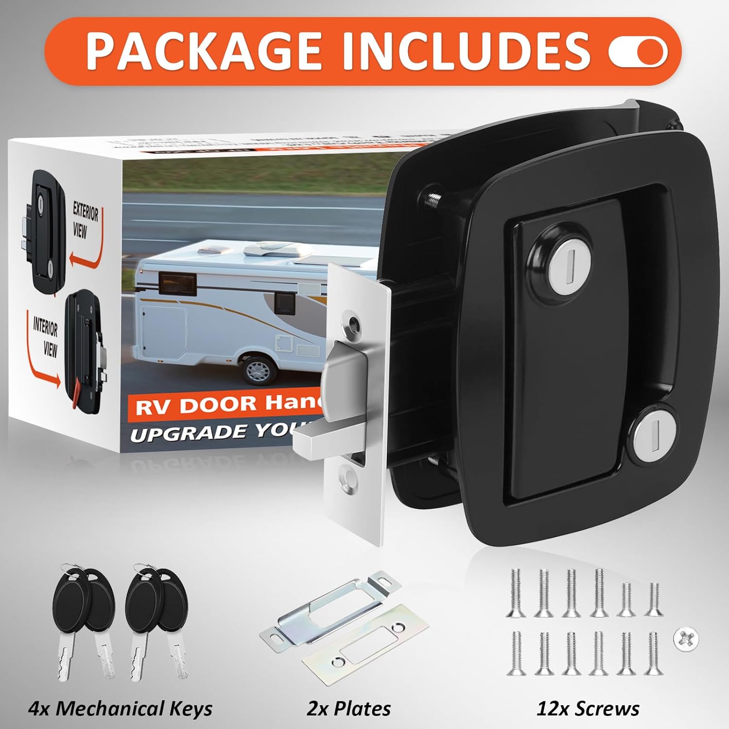 RV Door Lock Replacement - 100% Metal Paddle Handle with Deadbolt & 4 Keys - Fits 2.75"x3.75"x1.5" Lock Hole - for Camper, Trailer, Horse & Cargo Hauler Doors