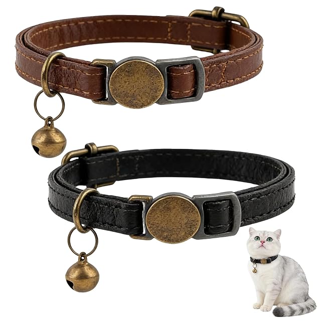 Omnikryp 2 Piezas Collar de Cuero, Hebilla Ajustable Gatito Collar, Antiahogo Suave Collares