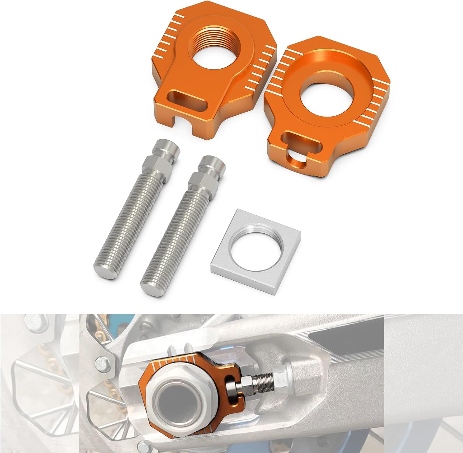 NICECNC Motorcycle Rear Axle Blocks Chain Adjuster Aluminum Compatible with KTM 85 SX 2003-2014 125-530 SX/SX-F/XC/XC-F 2000-2012 125-530 EXC/EXC-F/XC-W/XCF-W 2000-2023,See Fitment