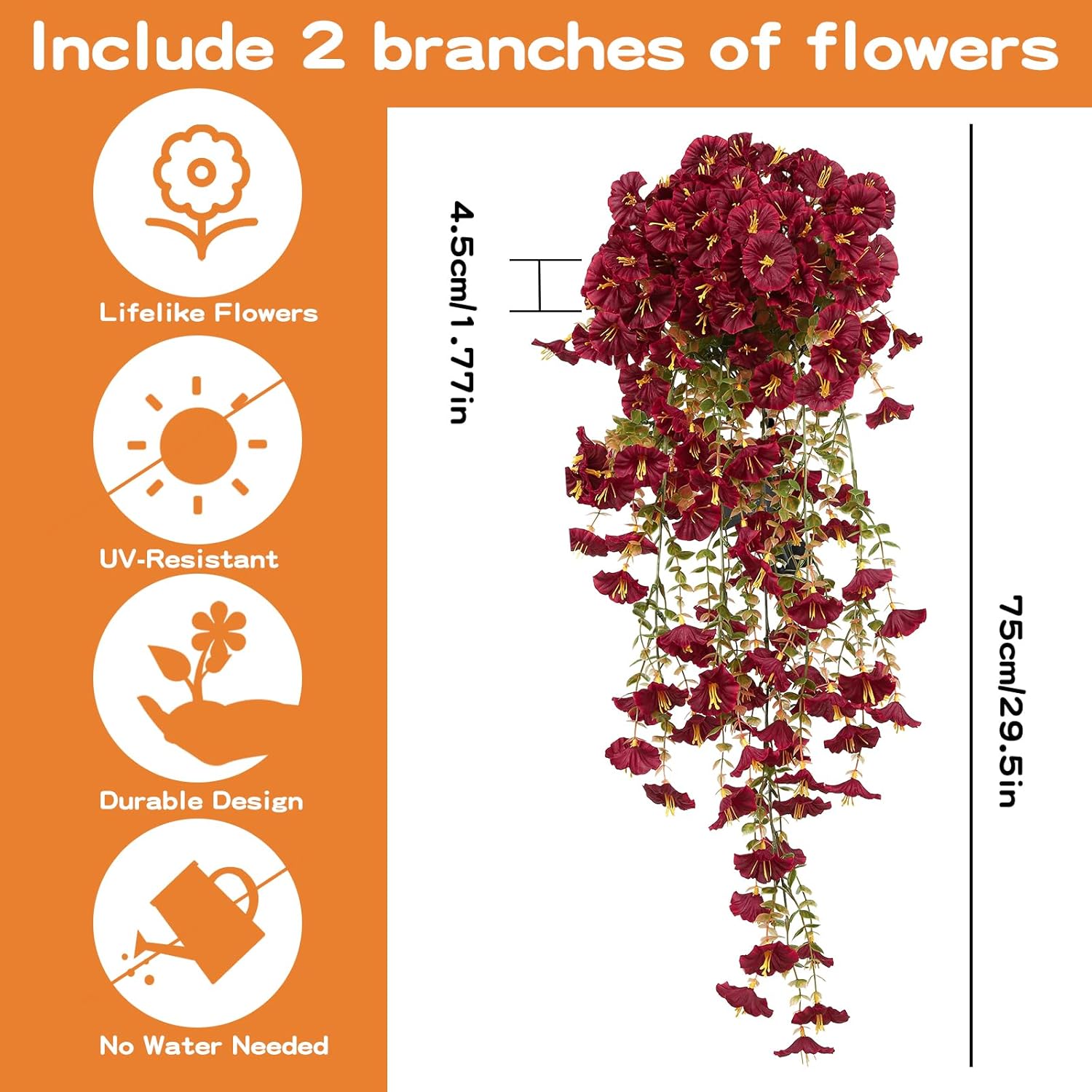 2pcs Fall Flower for Outdoor Decoration Faux Hanging Flowers UV Resistant Artificial Morning Glory Plants for Autumn Outside Planter Porch Patio Balcony Yard(Burgundy) - Image 6