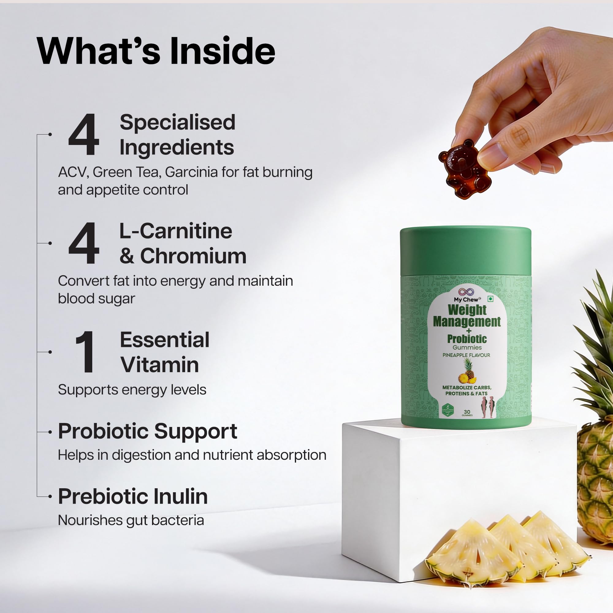 My Chew Probiotic Apple Cider Vinegar Weight Management Gummies, 1 Billion CFU Clinically Proven Weight Loss for Women & Men With Green Tea, Garcinia Cambogia & L-Carnitine Sugar Free,30 Gummies — Amazon image 6