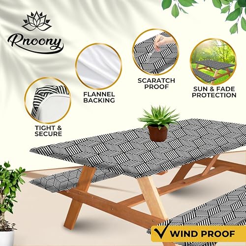 Miniatura 3 de RNOONY - Cubierta de mesa de picnic de 8 pies de poliéster con fundas para banco, resistente al viento y al agua, mantel perfecto para regalos de
