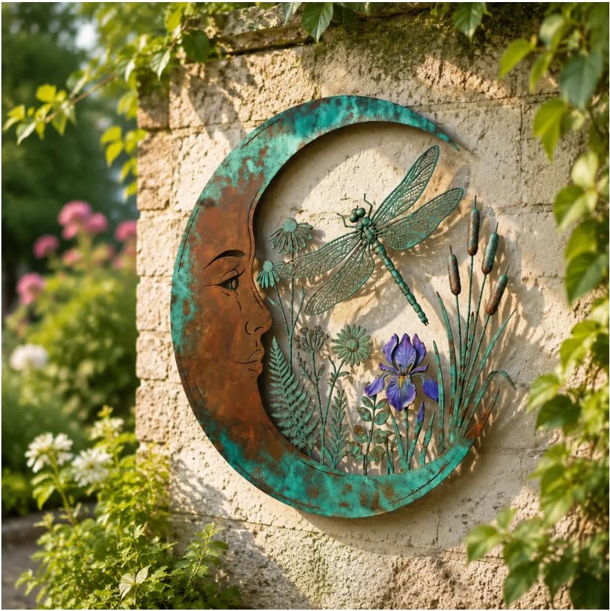 Dragonfly Moon Metal Wall Art,Vintage Patina Crescent Moon Face Garden Metal Wall Decor,Rustic Outdoor Sculpture for Patio Fence Yard Home Wall Decoration，A