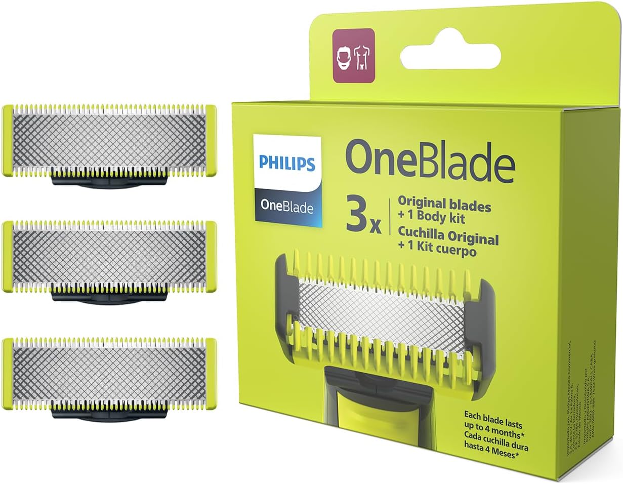 Philips OneBlade Replacement Blades QP630/51 | Trim, Edge & Shave Any Length of Hair | 3 Original Blades + 1 Body Kit | Fits All OneBlade Handles, Wet & Dry Use