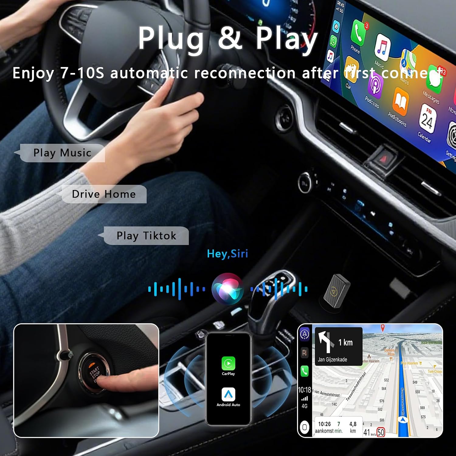 2-in-1 Wireless CarPlay & Android Auto Adapter-Compatible with 98% CarPlay-Enabled Vehicles (iOS 9+) -Plug & Play,Auto-Connect