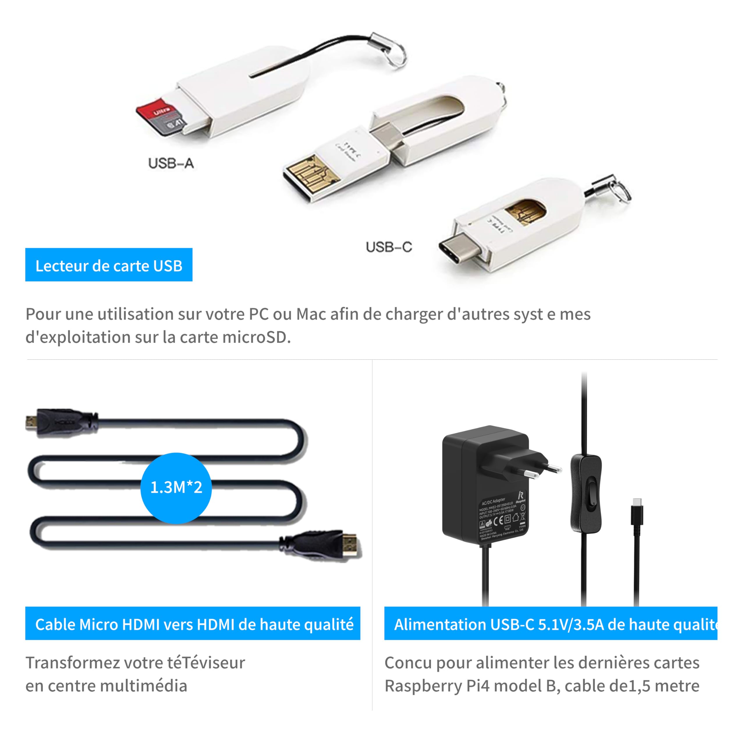 iRasptek Basic Kit for Raspberry Pi 4B 4Go RAM - Édition 64Go SD, Noobs préinstallé