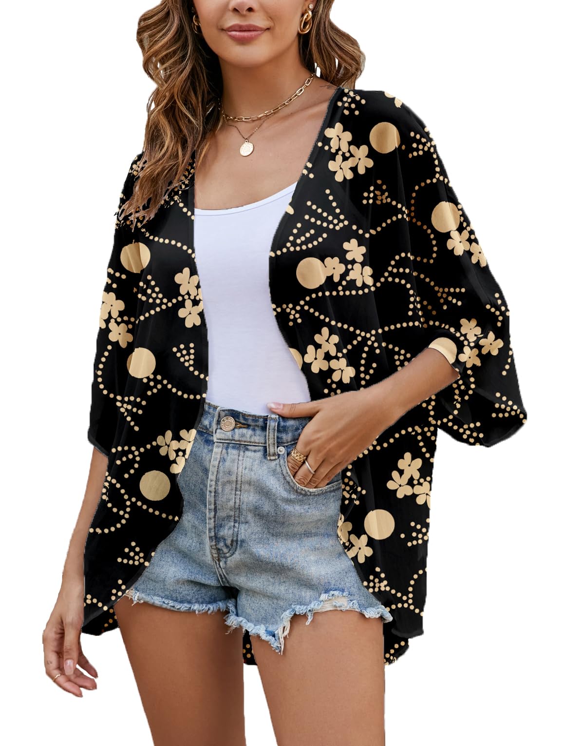 Heynino Womens Chiffon Kimono Cover Up Lightweight Cardigan Blouse Tops Shawl Capes Black S
