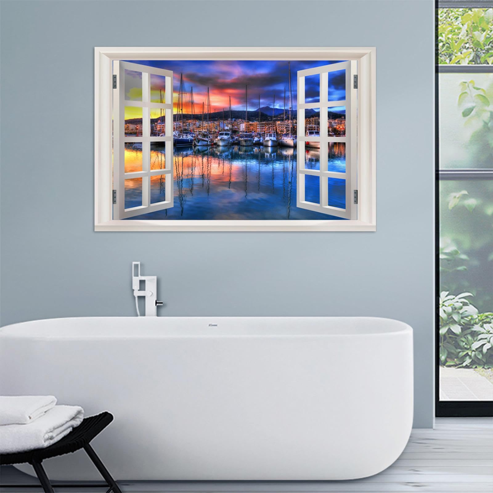 SDYSKKUG Fensterblick Bild. Meer Boot Sonnenuntergang. Landschaftsbilder Druck auf Leinwand. Wandbilder Wohnzimmer Wanddekoration 120x80cm Ungerahmt