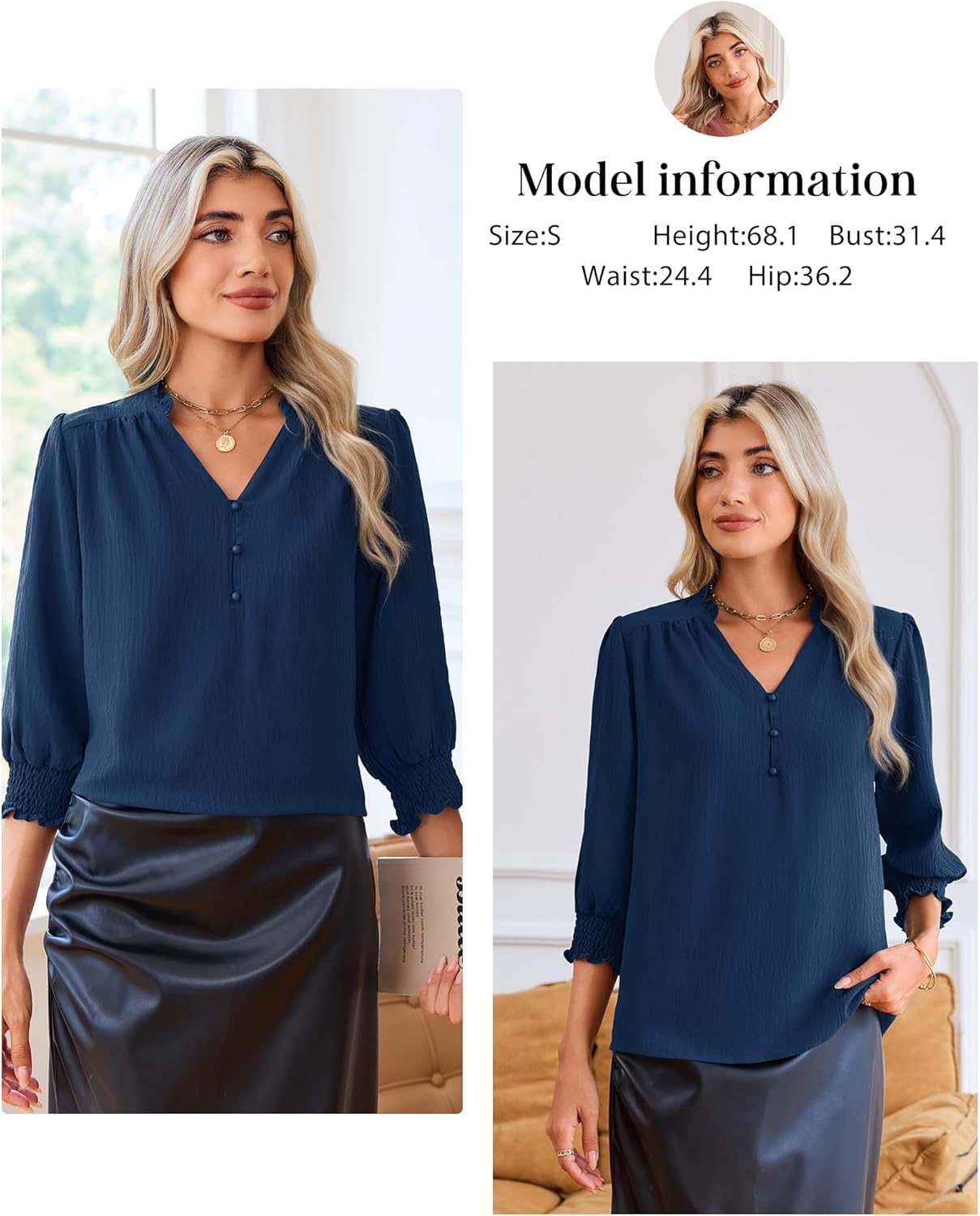 Blouses for Women Dressy Casual 3/4 Length Sleeve Womens Tops 2026 Spring Trendy Cute Smocked Cuffs Sleeve - Image 6