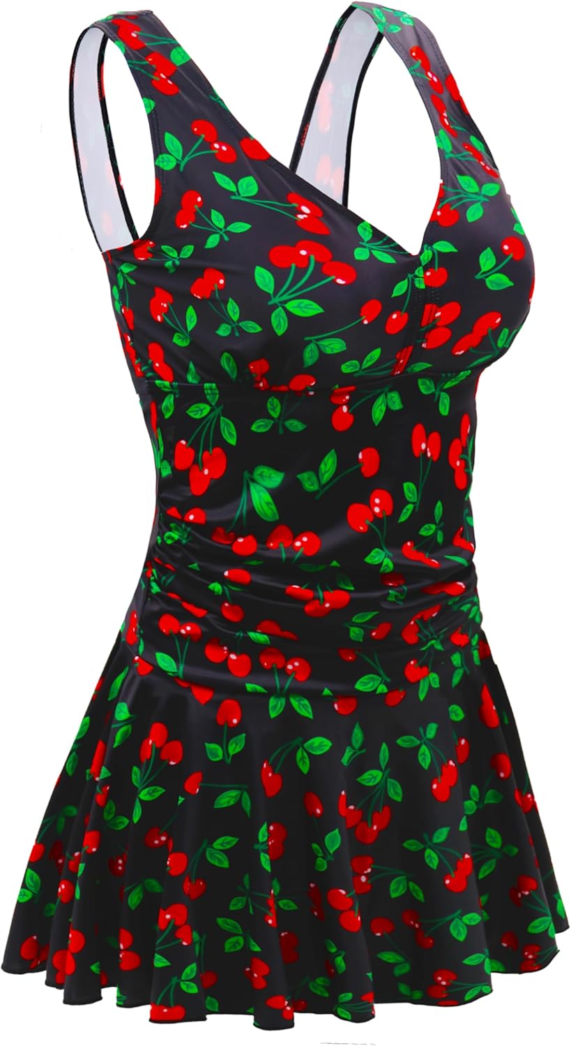 AONTUS Plus Size Vintage One Piece Swimsuits with Tummy Control Boy Shorts for Women Retro Swimwear Removable Soft Padding