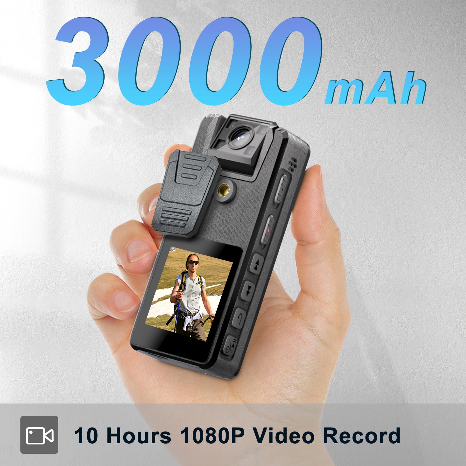 Caméra Corporelle avec Batterie 3000mAh, Caméra de Corps 55GB avec Objectif Rotatif 180° et 2 Clips Robustes