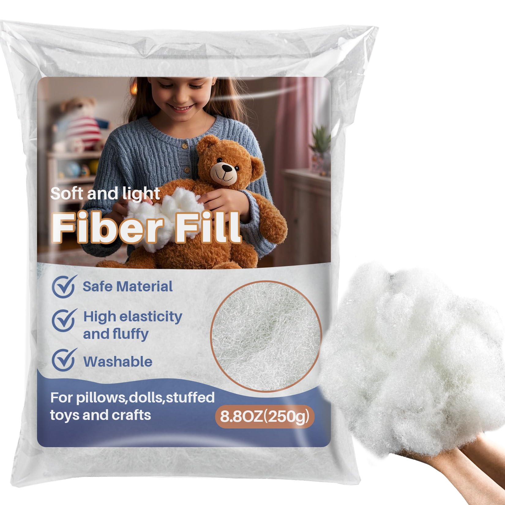 RAINFLOW 8.8oz Polyester Premium Fiber Fill- Polyester Fiber Fill,Stuffing for Pillow,Small Dolls,Cushion,Craft and Stuffed Animals,pp Cotton Stuffing for DIY Craft,Recyclable