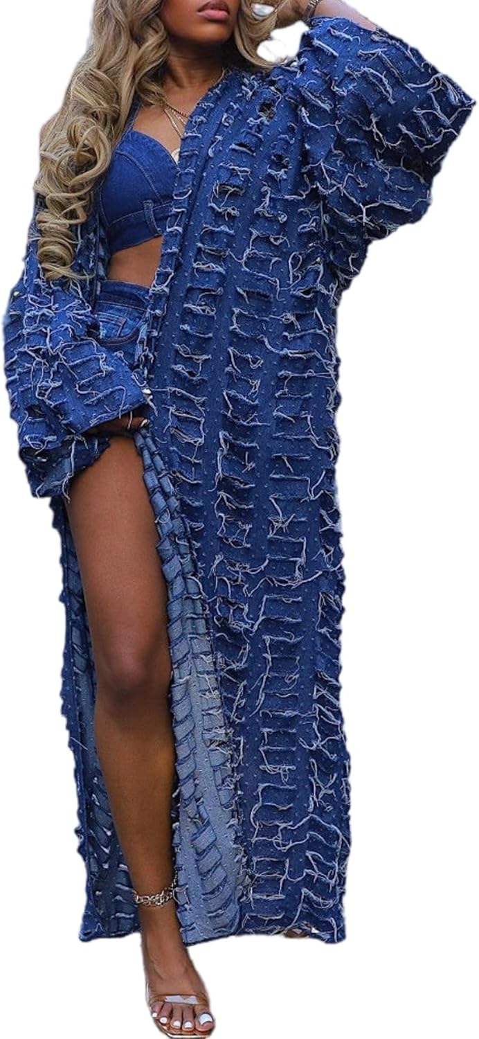 NRTHYE Women's Ripped Oversized Jean Kimono Robe Cardigan Hollow Long Sleeve Open Front Long Denim Dusters Jacket Coat