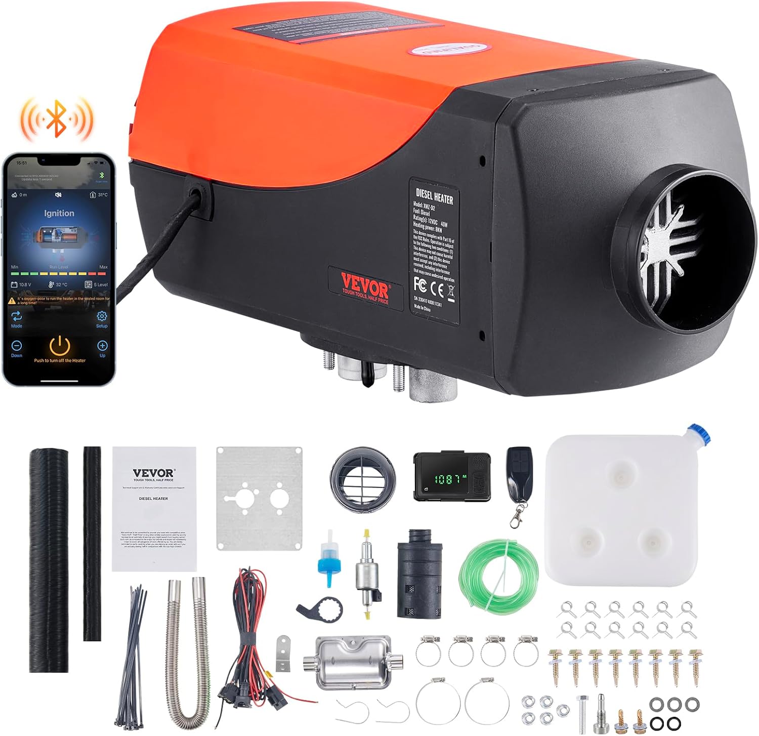 VEVOR Bluetooth App Control Diesel Air Heater, 12V 5KW Diesel Heater