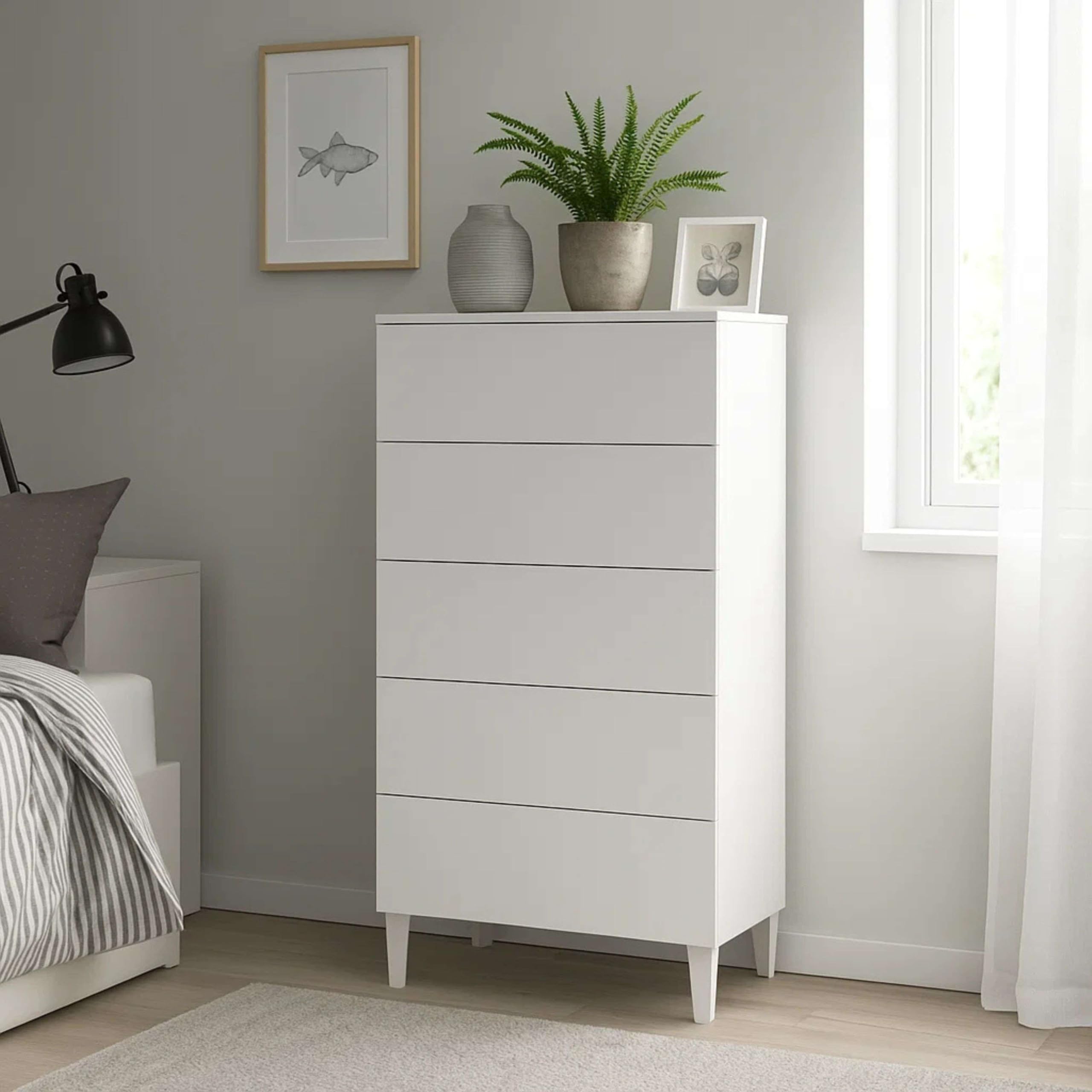 Habitdesign Cómoda 5 Cajones, 117x61x40 (AltoxAnchoxFondo-en cm), Sinfonier Dormitorio Color Blanco Brillo, Modelo Loft