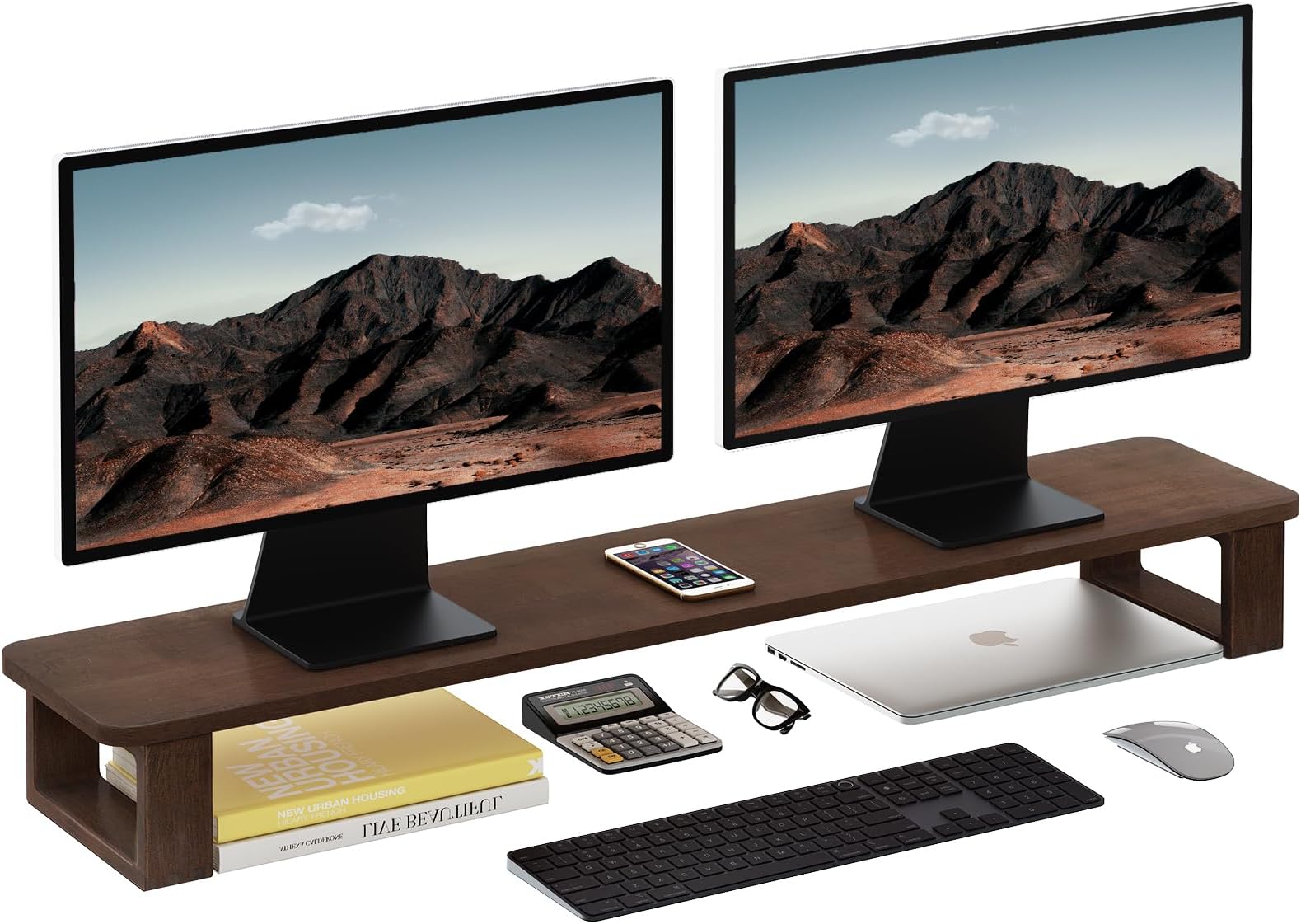 Ufine Dual Monitor Stand Riser 2 Heights Adjustable Wood Computer Monitor Stand Desktop Organizer, Large Monitor Stand for 2 Monitors, Laptop, TV, Printer