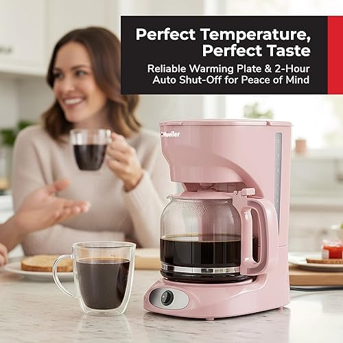 Miniatura 3 de MUELLER HOME Cafetera rosa de 12 tazas, jarra de borosilicato, apagado automático, accesorios de cocina rosa, filtro reutilizable, antigoteo,