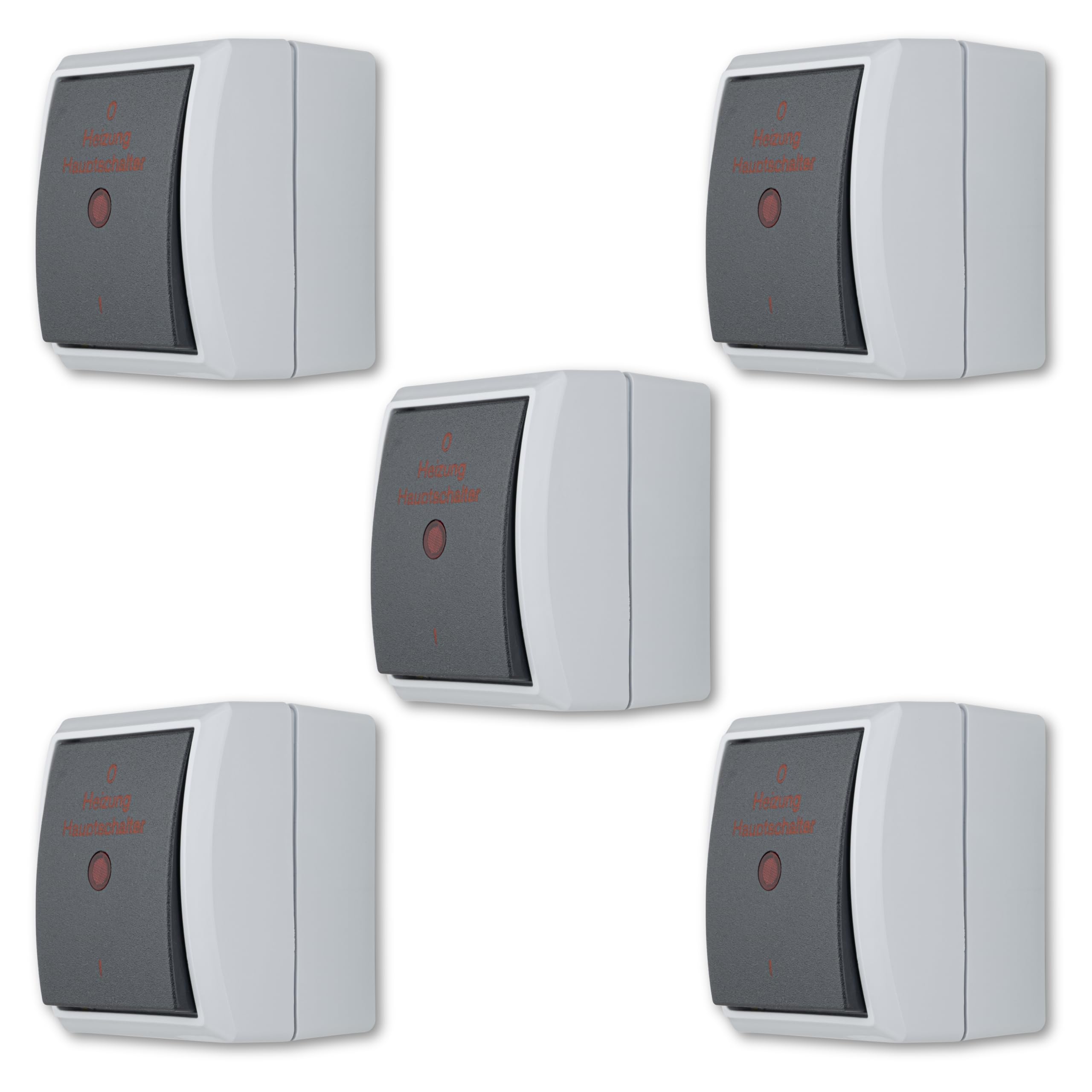 REV AquaForm Economy Set of 5 Heating Switches Wet Room IP44 Double Pole Surface-Mounted Grey
