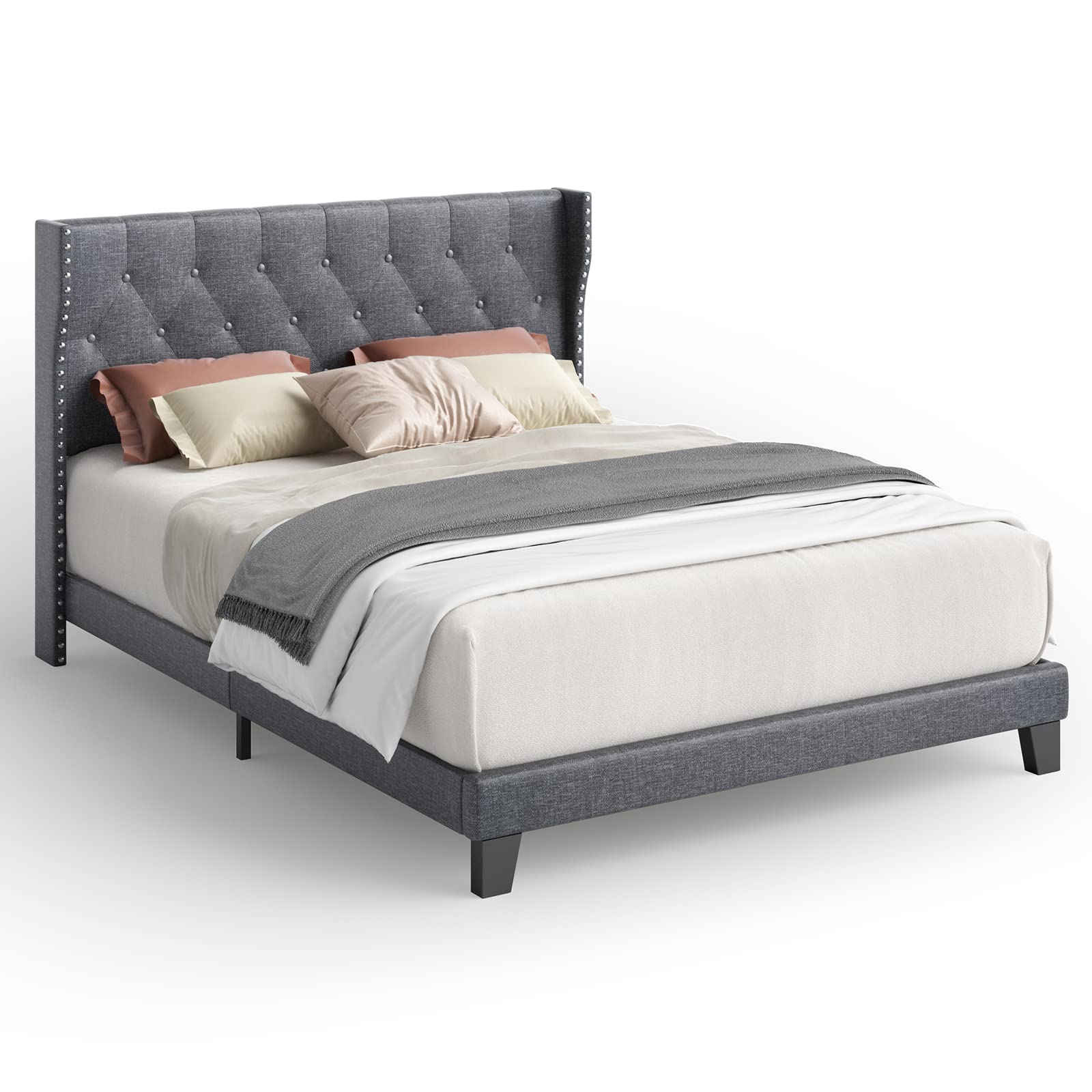 An assembled Aiho Full Bed Frame with a mattress and bedding, showcasing its design.