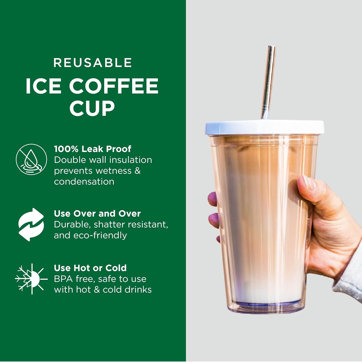 Reusable Iced Coffee Cup (24 Oz/Venti), Leak Proof and Double Wall Insulated Iced Coffee Tumbler, Come with Reusable Plastic and Metal Straws and Straw Cleaner - White - Image 4