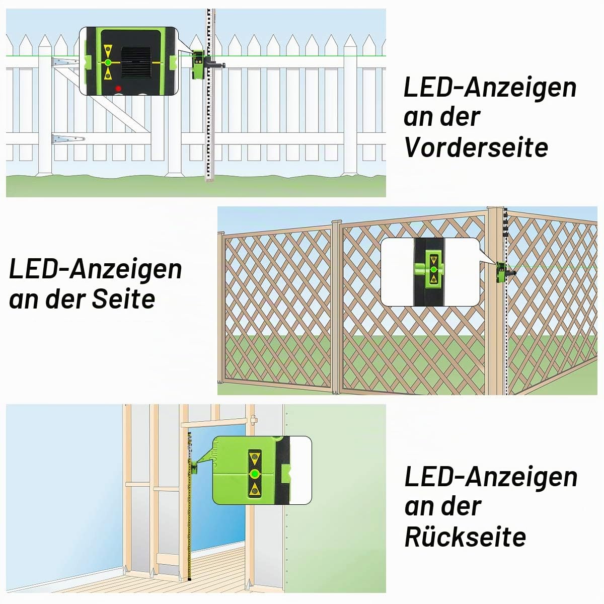 Huepar LR-6RG Laserdetektor für Puls-Kreuzlinienlaser, Digital Laserempfänger für Rote und Grüne Laserstrahlen bis zu 50-60m, 3-seitige LED-Anzeigen, Automatischer Abschalttimer, Inklusive Klemmhalter
