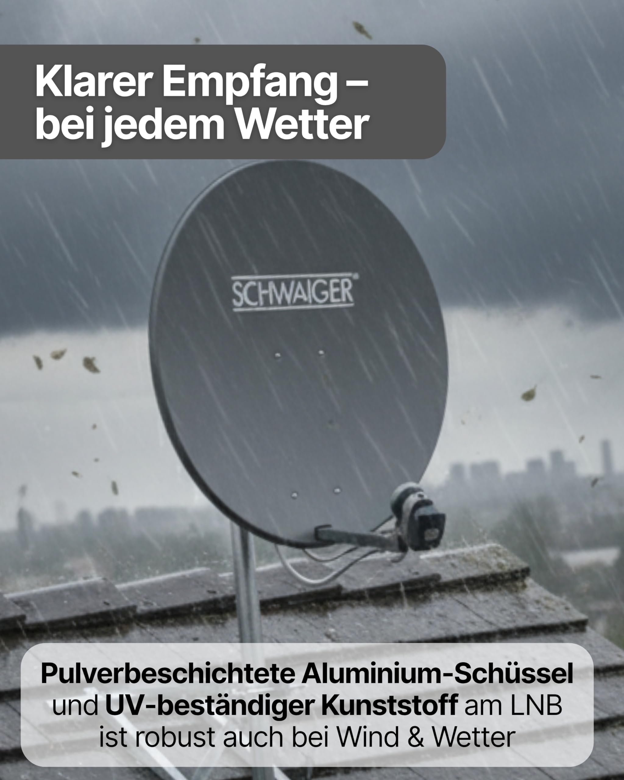 SCHWAIGER Satellitenschüssel Ø 80 cm Aluminium Offset Antenne Anthrazit Quad LNB 4-Fach Digital HD 4K Empfang wetterfest