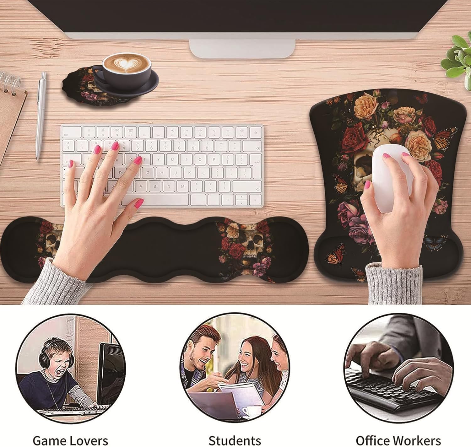 3 in 1 Keyboard Wrist Rest + Mouse Pad and Coaster, Ergonomic Gel Mouse Pad and Keyboard Pad Set, Comfortable Lightweight for Easy Typing Pain Relie, Butterflies, Roses and Skull