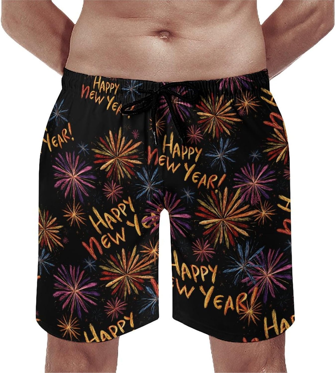 Happy New Year Fireworks Mens Swim Trunks Beach Swimming Board Shorts with Mesh Lining Athletic