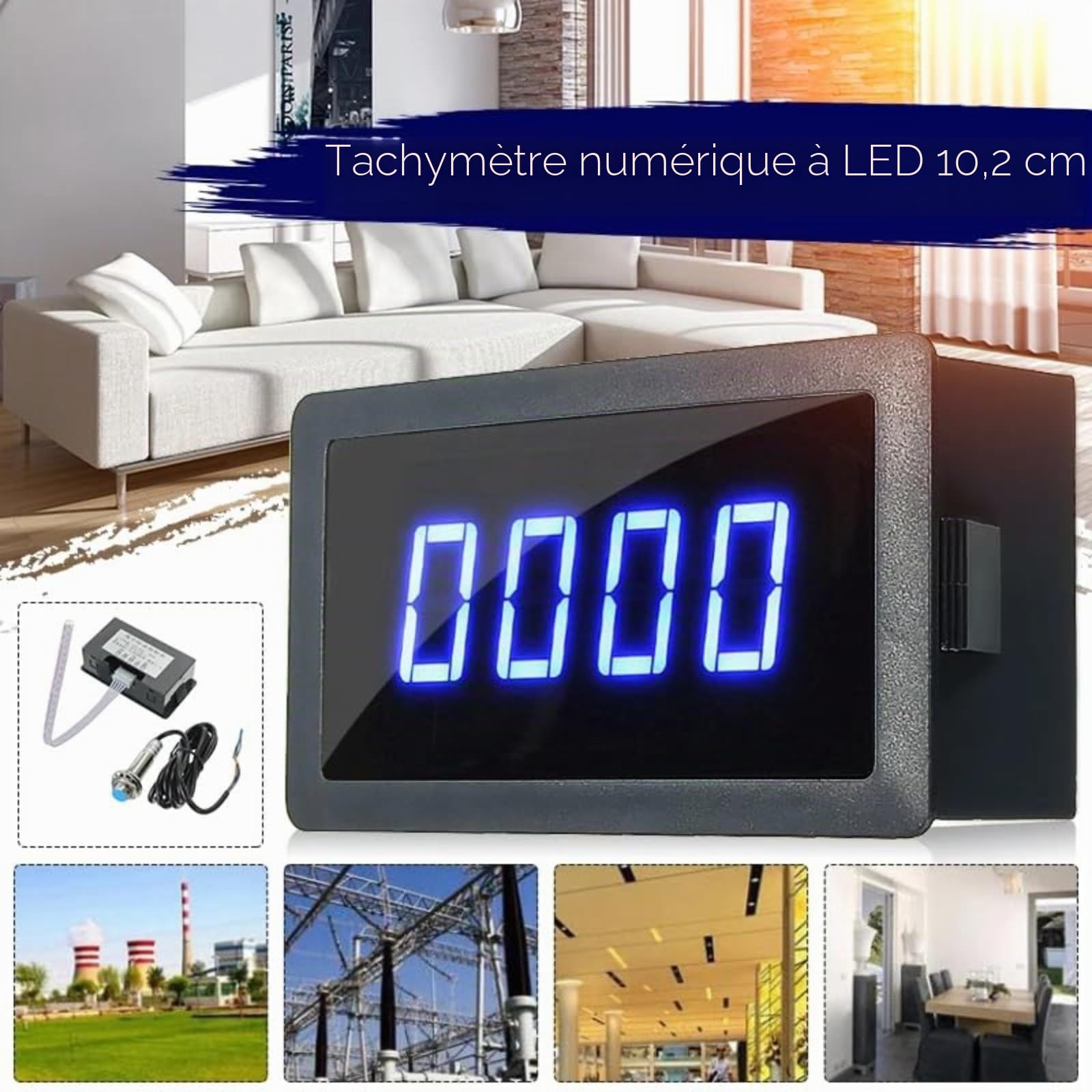 Tachymètre à LED Numérique à 4 Chiffres, Tachymètre d'Affichage Numérique, Compteur de Vitesse RPM avec Capteur de proximité de la Salle, Entrée NPN/PNP, Gamme 10-9999rpm(Bleu)