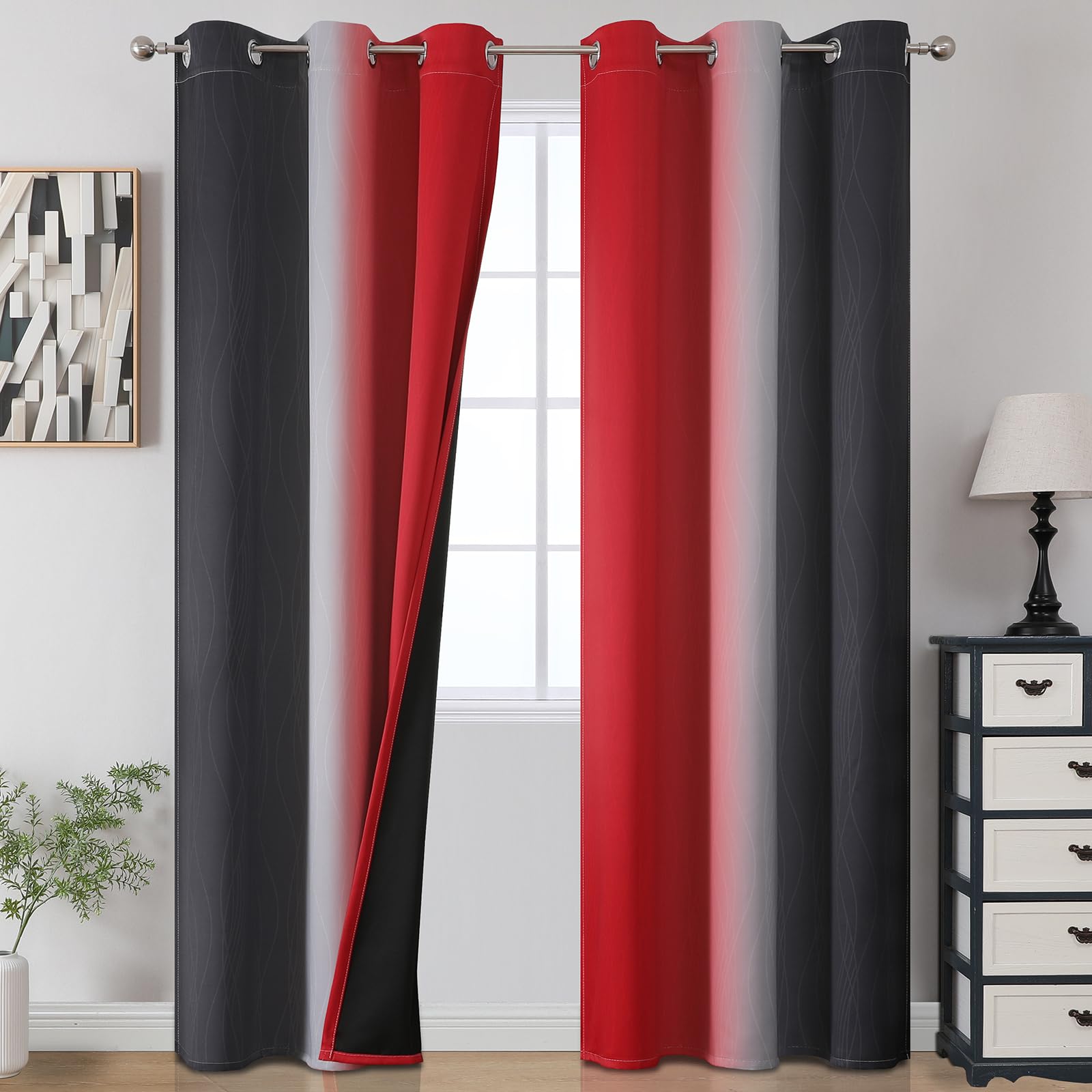 Estelar Textiler Black and Red Blackout Curtains, 100% Ombre Blackout Curtains for Bedroom, Full Light Blocking Thermal Insulated Gradient Grommet Drapes for Living Room, 42x84 Inch, 2 Panels