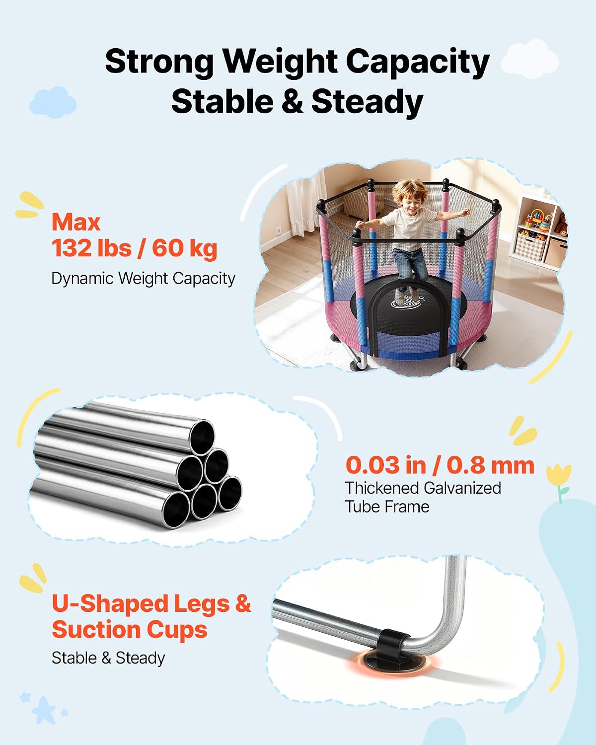 VEVOR 3/4.6/5 FT Trampoline Indoor/Outdoor Trampoline for Toddlers, Foldable Mini Baby Jump Toy with Foam Handle, Recreational Trampolines Birthday Gift for 3+ Years Kids image 2