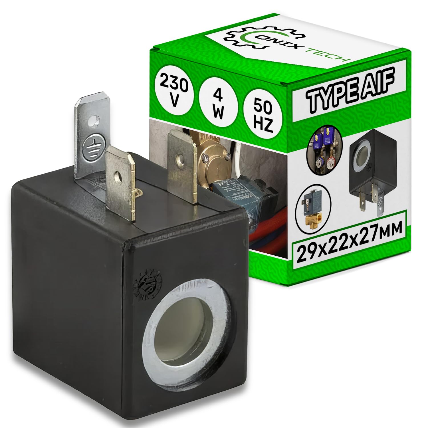 ONIX TECHCoil type AIF for solenoid valve 230V 50Hz with a hole diameter of 10mm and dimensions of 29x22x27mm -