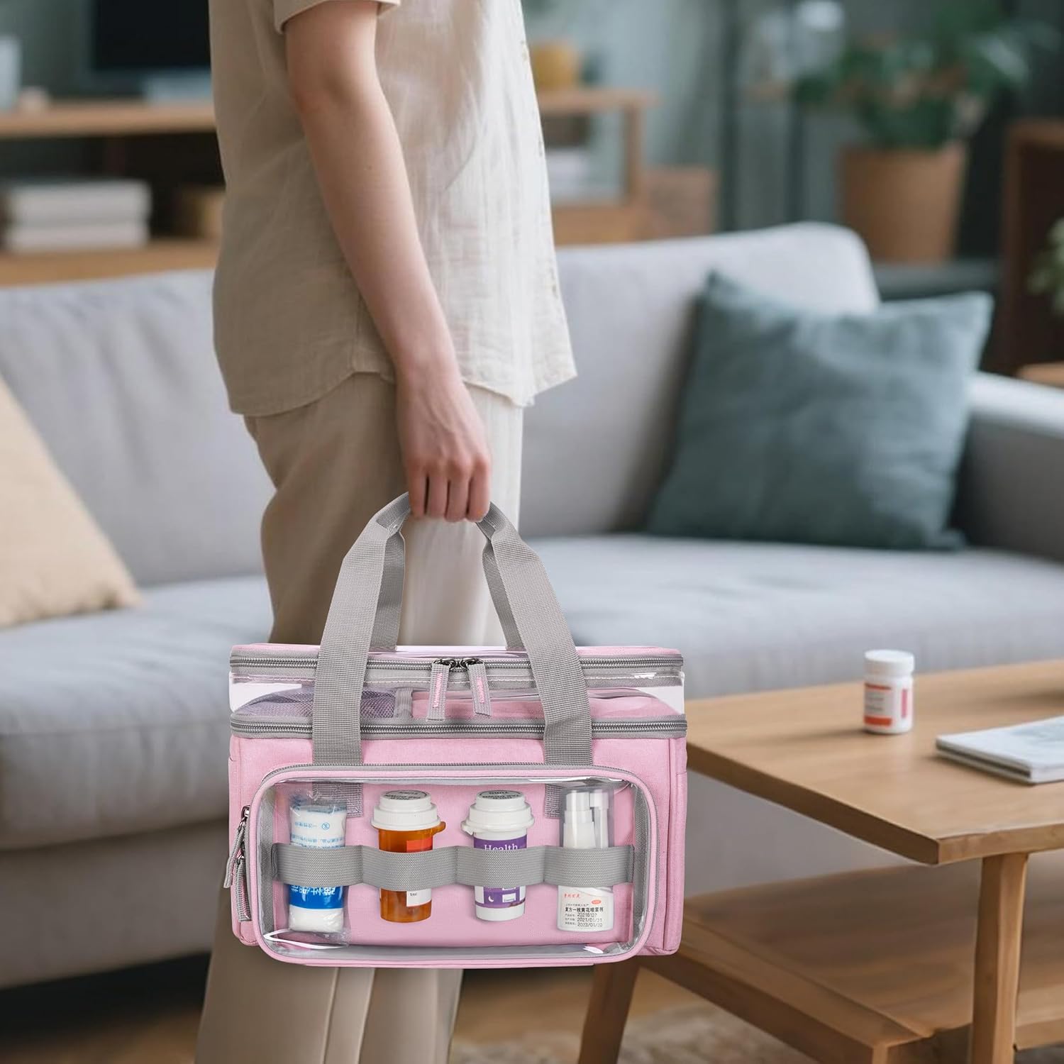 LUXJA Double-Layer Medicine Bag with Transparent Compartment, Pill Bottle Organizer with Detachable Divider (Suitable as a Home or Travel Medicine Bag), Pink