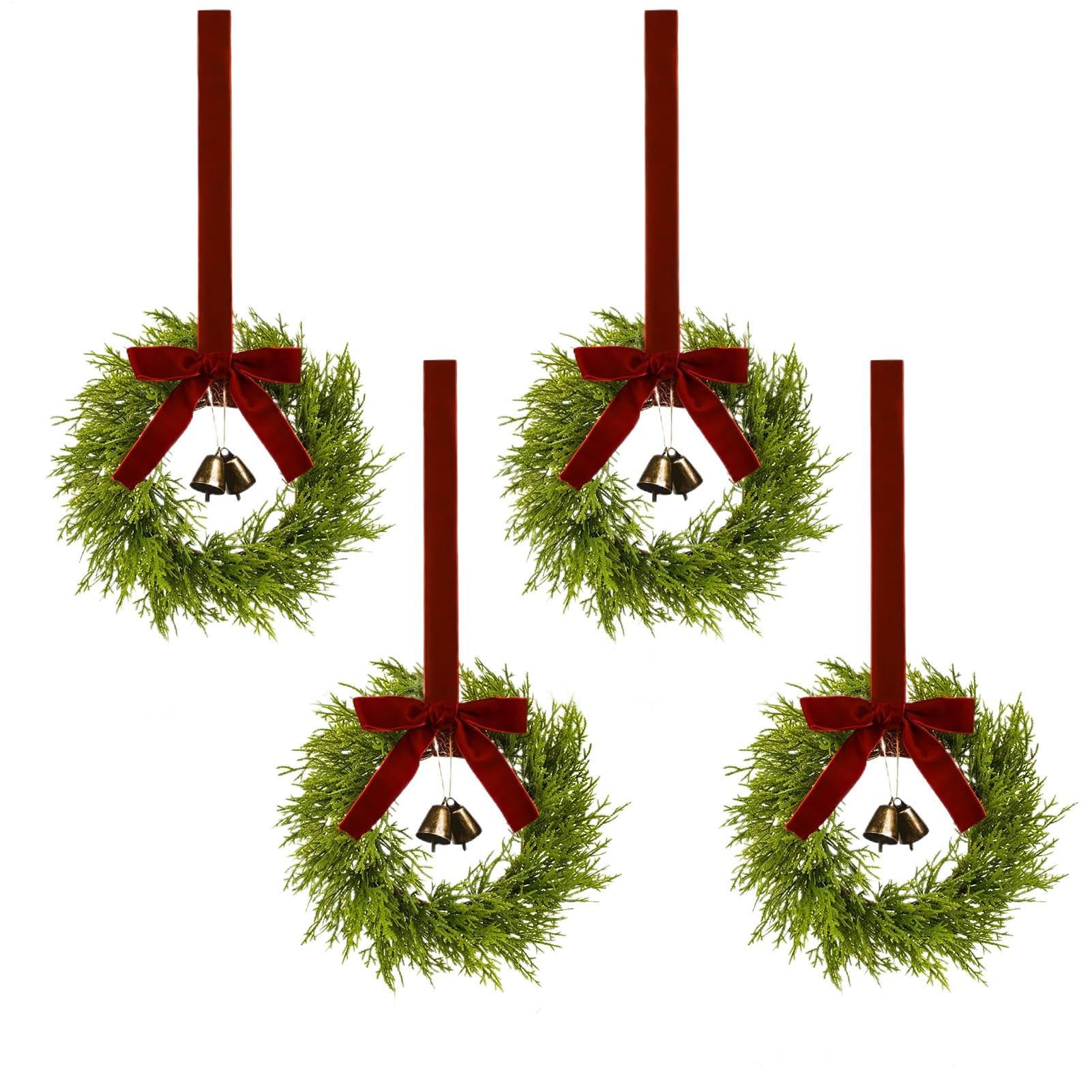 Mini Christmas Wreath - Festive Holiday Decorations | Small Wreaths for Kitchen Cabinets with Red Bow,for Window Fireplace Mantel Office Walls Seasonal Gatherings
