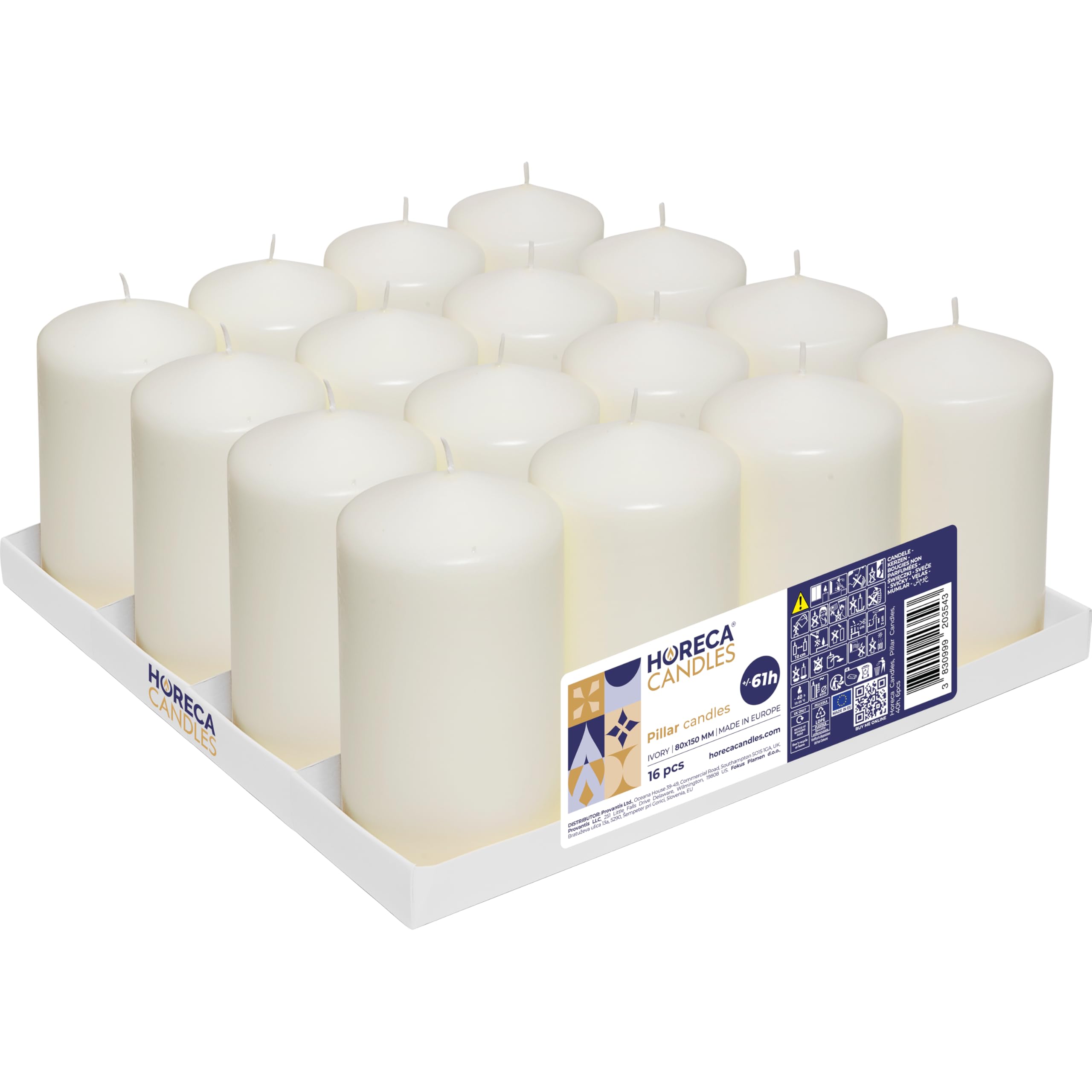 Horeca Candles - Bougies Piliers - Ivoire - Ø 8 x 15 cm - Lot de 16 Bougies Décoratives pour la Maison - Longue Durée 60 Heures - Cire Non Parfumées - Pour la Maison, Mariage, Fêtes et la Restauration