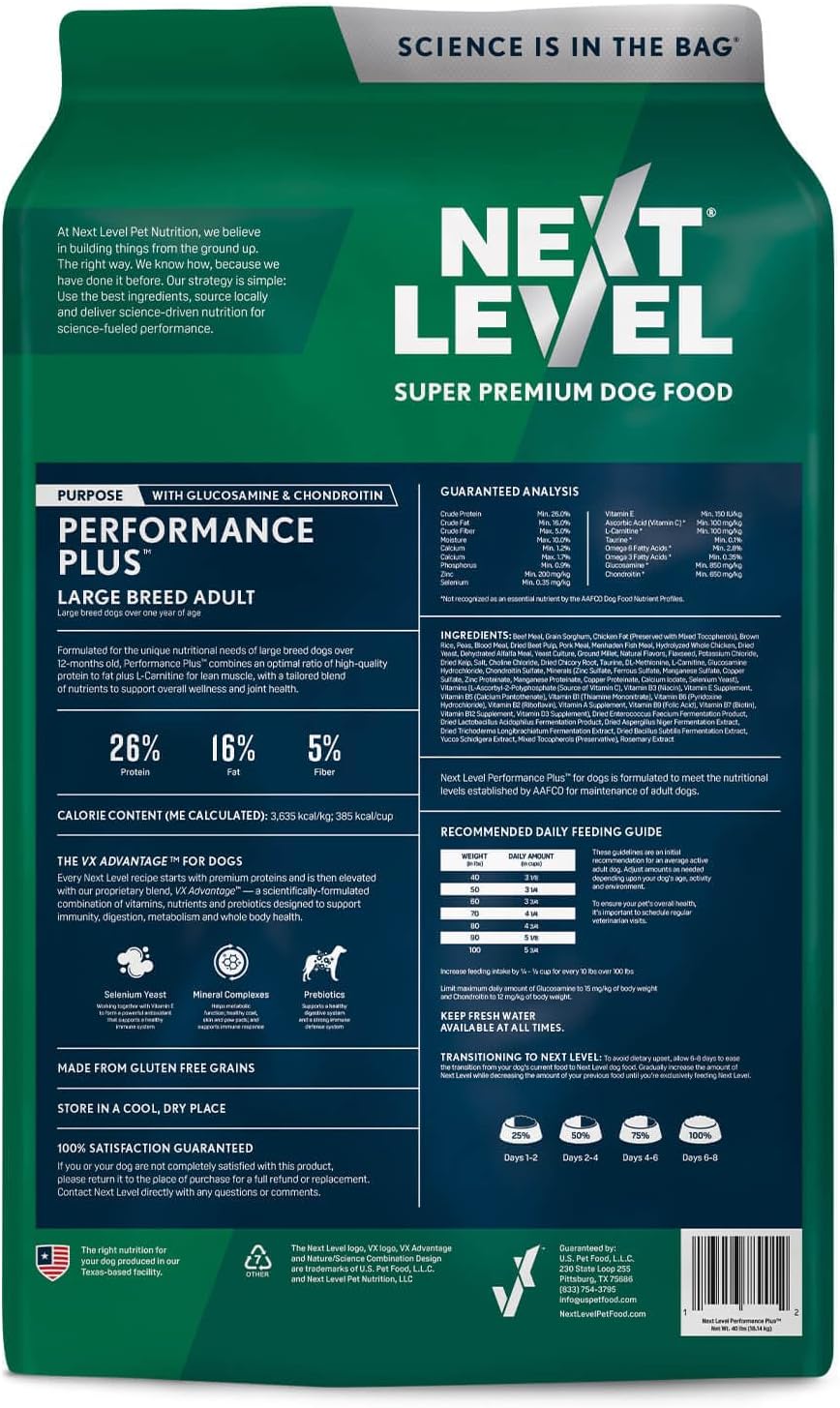 Next Level Super Premium Dog Food – Performance Plus™ – Dry Kibble for Active Adult Dogs – 26% Protein, Beef, Pork, Fish, Chicken & Gluten Free Grains – Glucosamine & Chondroitin for Joint Health